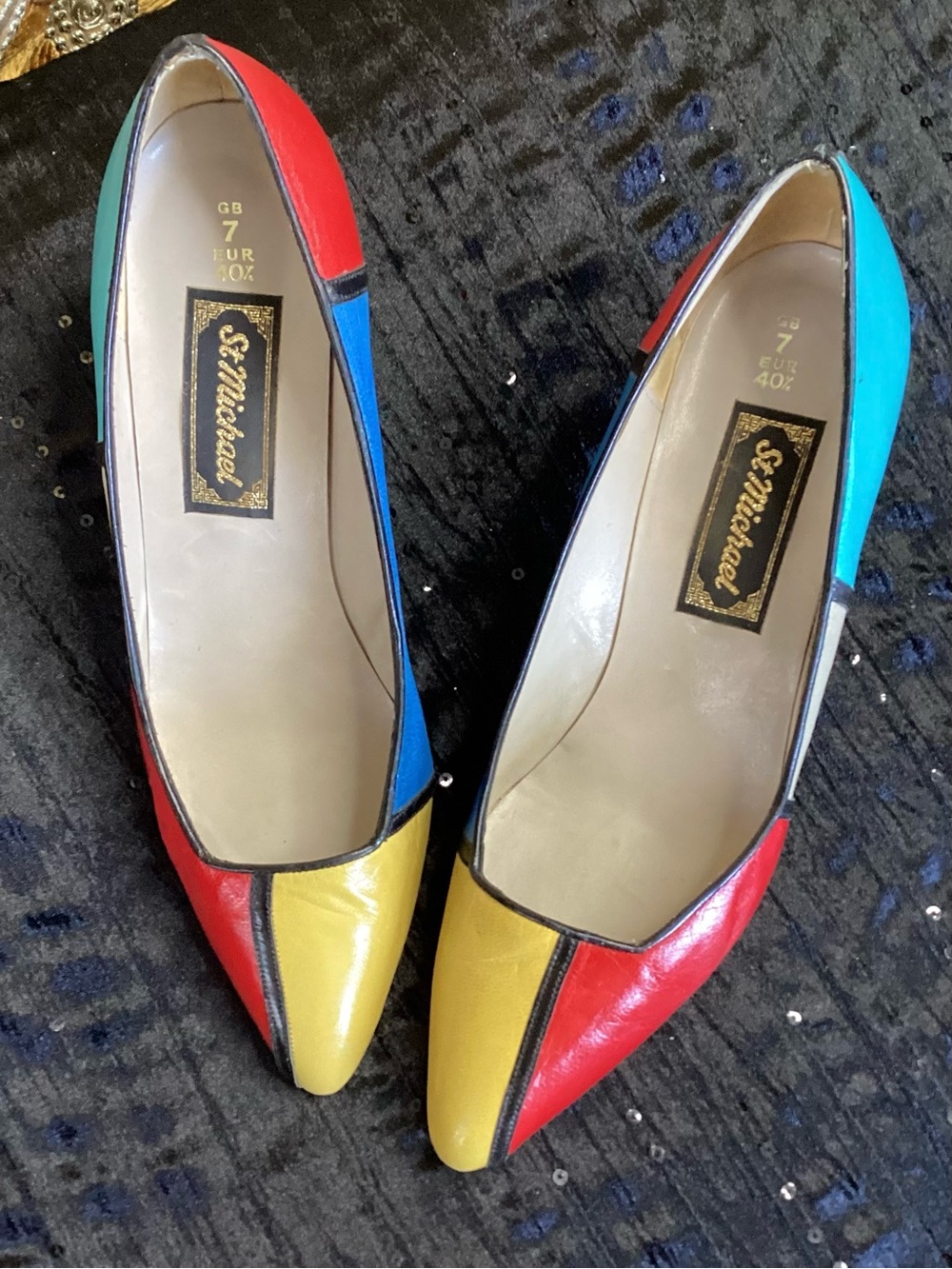 Vintage St. Michael Women's Pointed Toe Colorblock Flats in Red, Yellow & Blue 9